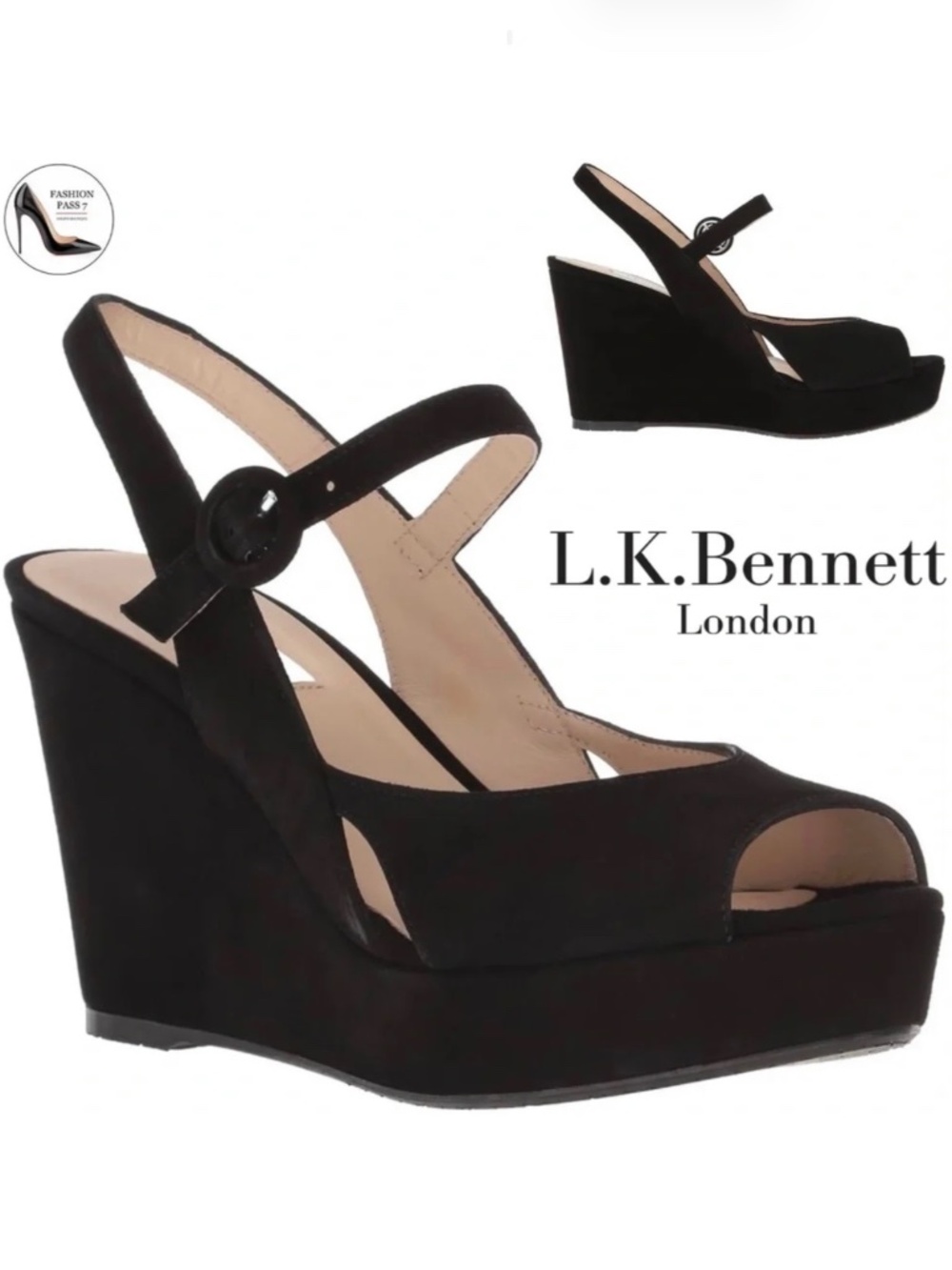 L. K. Bennet Raisa Designer black suede wedge platform ankle strap sandal 41